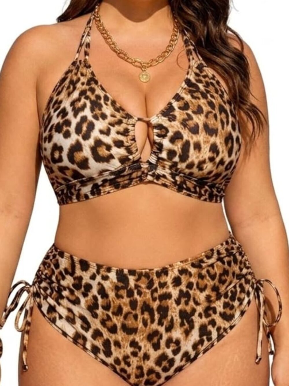 Leopard Print Push-Up V-Neck Halter Bikini Set with Adjustable Straps